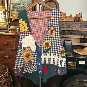 Handmade Art-to-Wear Sunflower Appliqué Country Vest with Gingham Lining